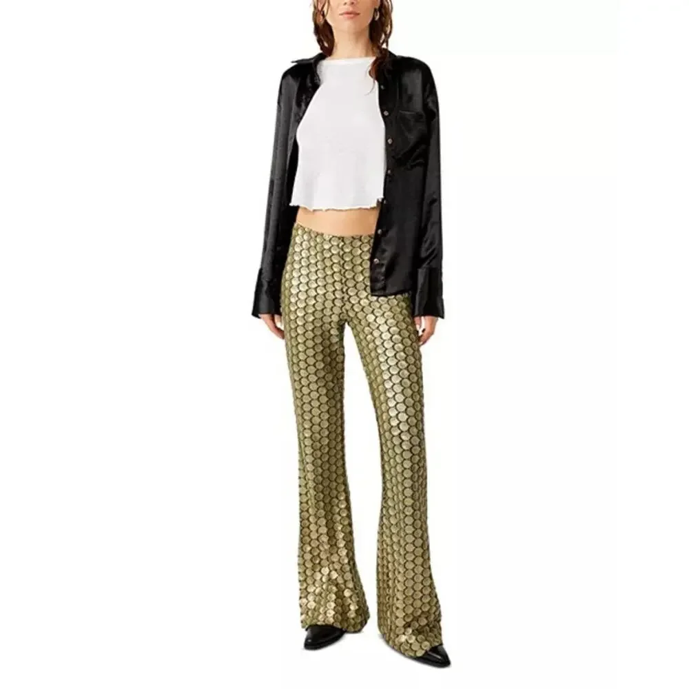 FREE PEOPLE Wilder Days Sequined Flared Pants in Olive Size 10 New MSRP $198